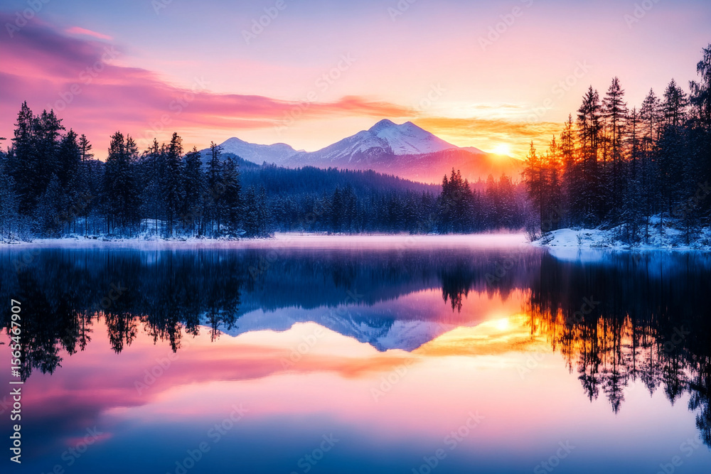 Fototapeta premium Vibrant sunset reflecting on a tranquil lake surrounded by mountains