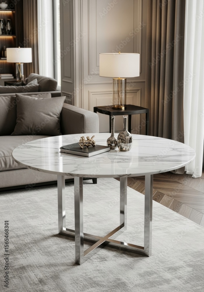 Fototapeta premium Elegant Round Marble Top Coffee Table - Modern living room, round marble table, metallic base, luxury design, sophisticated interior