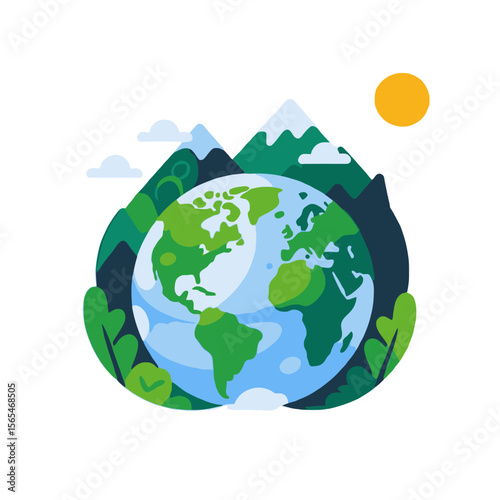 Earth Day Illustration-Protect Our Planet-Sustainable Living-Eco Friendly Lifestyle-Save the Earth-Nature and Environment-Global Conservation-Mountains and Sun