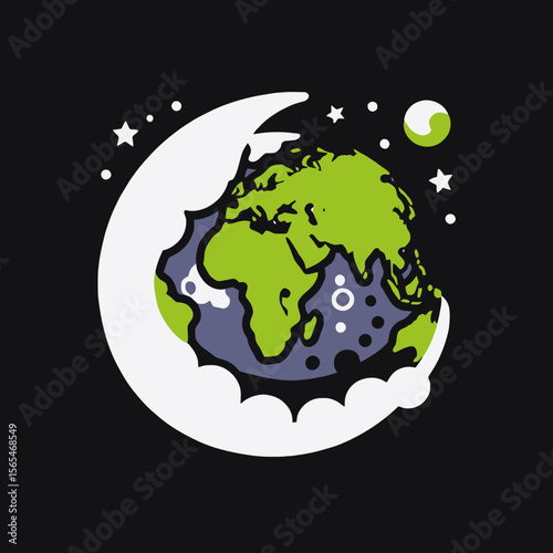 Earth and Moon Cartoon Illustration- Whimsical Space Art with Stars and Planet- Cute Celestial Design for Kids and Astronomy Enthusiasts