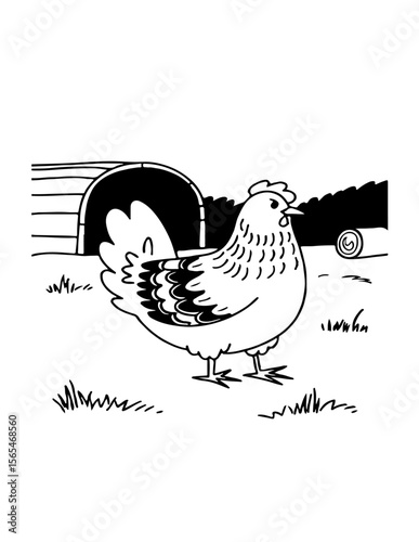 Hen pecking grain in a sunny farmyard with chicks closely following behind. cartoon  