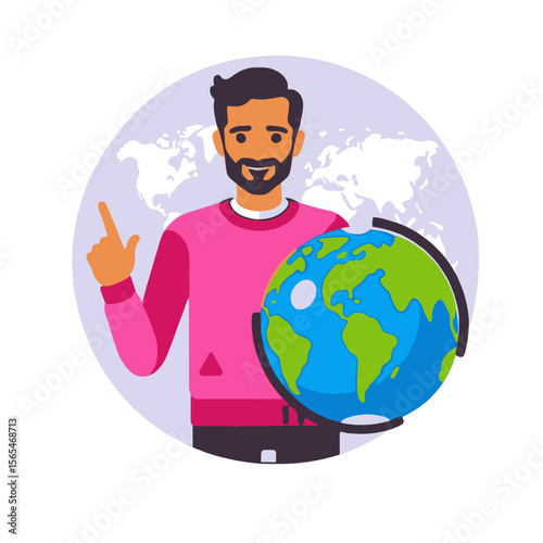 Cartoon Man with Globe Illustration - Geography Teacher Explaining World Map - Educational Concept for Global Awareness and Learning Resources