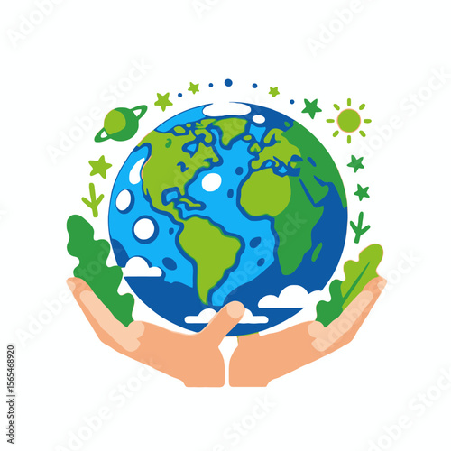 Hands holding Earth illustration - Concept of environmental care - Protect our planet for a sustainable future - Earth Day graphic