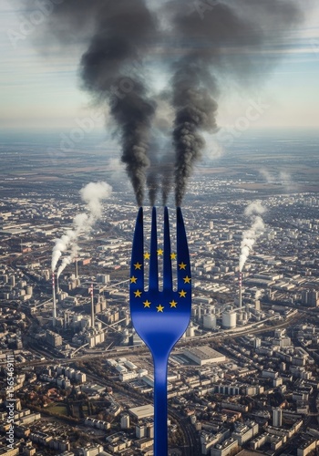 Europe's Industrial Appetite - A fork, adorned with the EU flag, consumes dark smoke billowing from industrial plants, symbolizing environmental impact, industrial pollution, European Union, photo