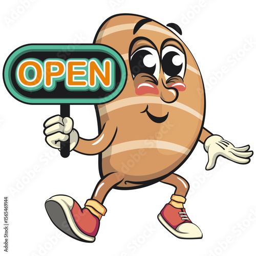 cute salted butter roll mascot cartoon vector illustration showing a sign that says open, bakery bread character with happy face and red shoes isolated on transparant backnground, work of hand drawn