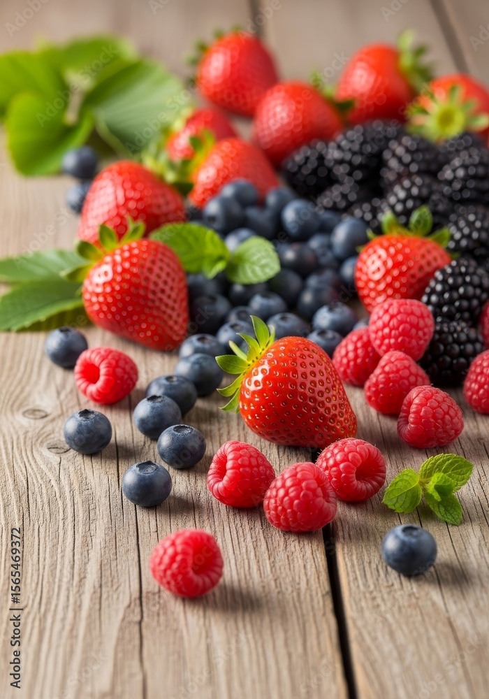 Obraz premium Fresh Berries on Wooden Table - A vibrant assortment of fresh strawberries, raspberries, blueberries, and blackberries arranged on a rustic wooden surface