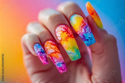 Tie-dye rainbow nails with marble texture