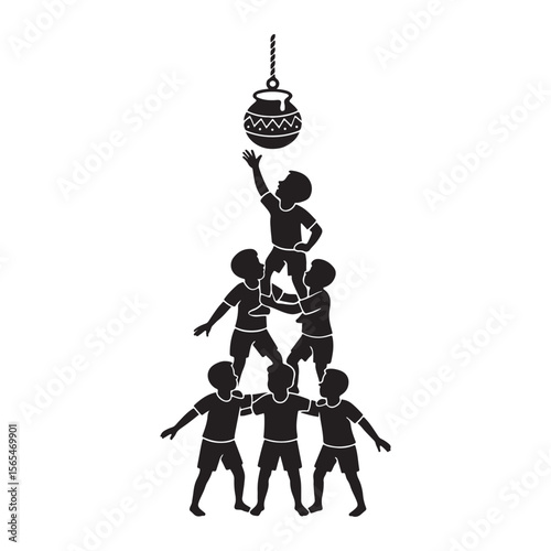 Silhouette of a group of boys forming a human pyramid, reaching for the hanging Dahi Handi.