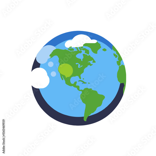 Earth Illustration with Clouds - Flat Design World Graphic - Globe Clipart for Education - Geography and Environment Icon - Planet Vector Image- World Map Art