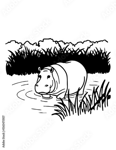 A hippopotamus relaxing in cool water under a hot sun, eyes barely visible. cartoon  