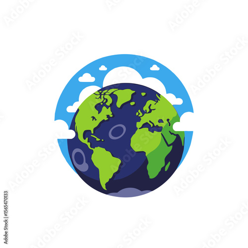 Globe Illustration with Clouds and Blue Sky Background - Earth Day Graphic for Websites - Cartoon World Map for Educational Resources - Climate Change Concept