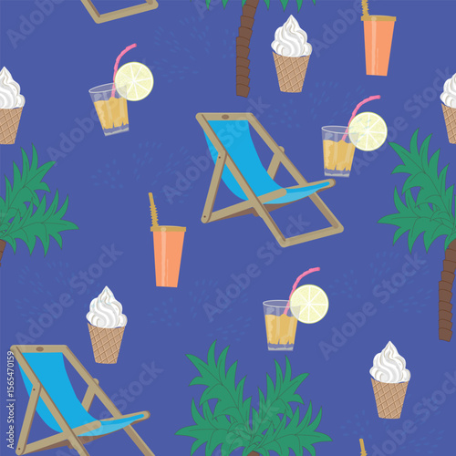 Seamless summer pattern with deck chairs, palm trees, and tropical cocktails on a vibrant purple background. Perfect for textile design, wrapping paper, or summer-themed branding. Colorful, playful.