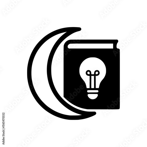 A crescent moon wrapped partly around a book, symbolizing nighttime study