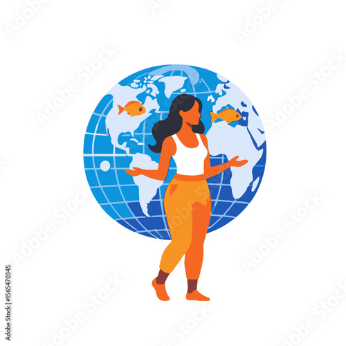 Global Balance Concept-Woman and Earth-Achieving Harmony with Nature-Sustainable Practices-Environmental Awareness-Protecting Our Oceans-Fish and World Illustration