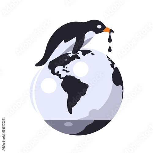 Penguin on Globe with Oil Spill - Climate Change Awareness Image - Cartoon Penguin Depicting Environmental Crisis - Earth Day Visual - Illustration for Global Warming