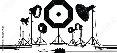 Photography Studio Lighting Setup Vector. Softbox Umbrella Silhouette Illustration.

