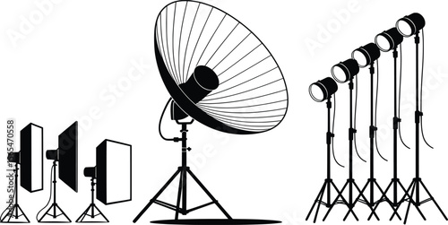 Photography Studio Lighting Setup Vector. Softbox Umbrella Silhouette Illustration.

