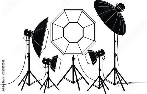 Photography Studio Lighting Setup Vector. Softbox Umbrella Silhouette Illustration.

