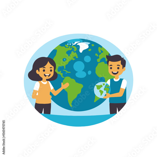 Happy Children Holding Globe-Illustrating Global Awareness and Environmental Responsibility-Promoting Earth Day-Encouraging Sustainability and a Greener Planet