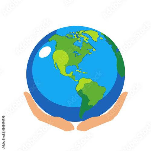 Hands holding the Earth illustration- Globe in palms of hands- Symbol of care for our planet- Earth day concept- Environmental protection awareness graphic