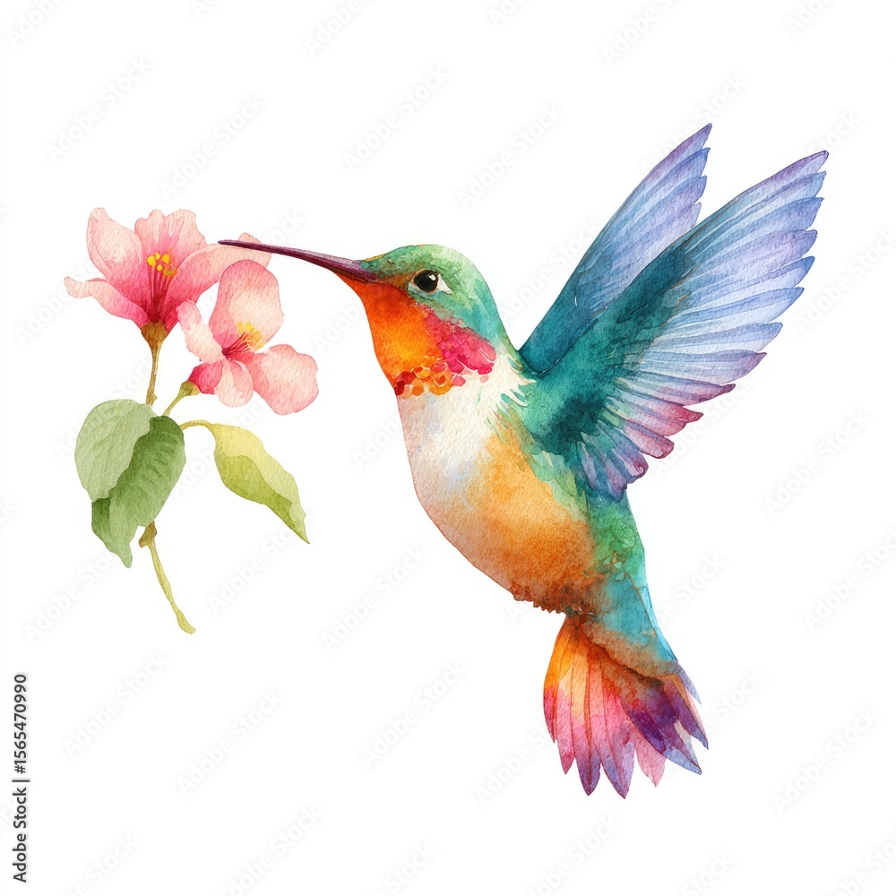 Fototapeta premium Animal Logo Whimsical hummingbird sipping nectar watercolor style soft pastels ideal for cafes or wellness brands isolated on white background
