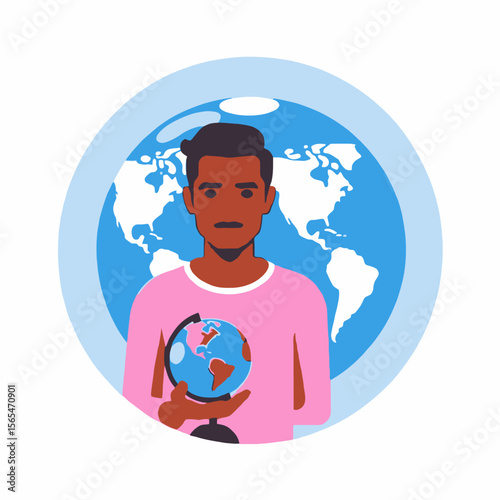 Man Holding Globe-World Geography Illustration-Global Education Concept-Cartoon Character with Map-International Studies Artwork-Pink Sweater Design