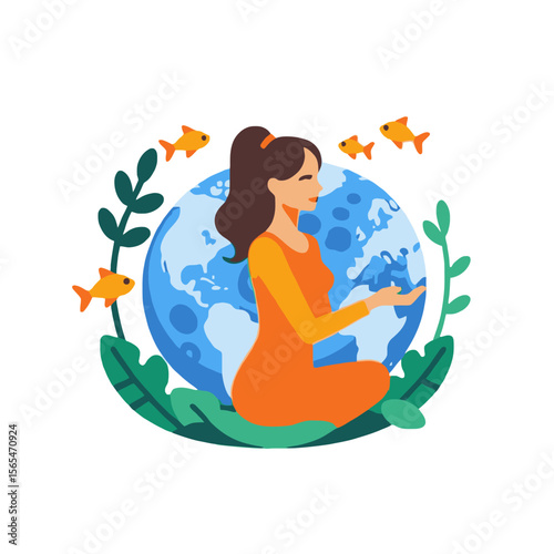 Protecting Our Planet-Woman Meditating for Earth-Sustainable Living and Harmony-Environmental Awareness Graphic-Earth Day Illustration-Preserve Marine Life
