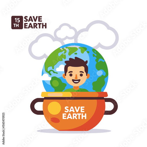 Save the Earth Illustration-Cartoon Earth Day Image-Protect Our Planet Concept-Environmental Awareness Art-Child and Globe-Climate Change Awareness-Earth in a Cup-Go Green Graphic