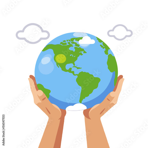 Hands Holding Planet Earth-Cartoon Illustration of Global Conservation-Protect Our Environment for Future Generations-Sustainability Concept