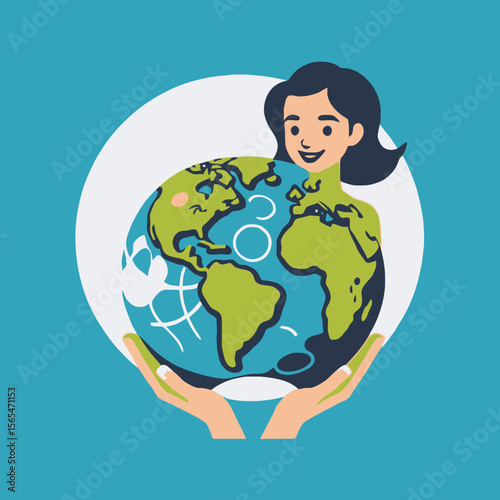 Woman Holding Globe-Protecting Our Planet-Environmental Awareness-Sustainable Future-Cartoon Illustration of Earth-Global Responsibility-Caring for the Earth