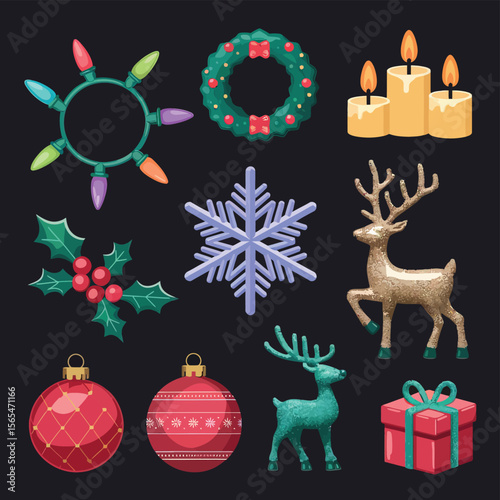 vector Happy New Year Celebrating 2025 in Latin letters , Christmas Decoration Items Santa Claus