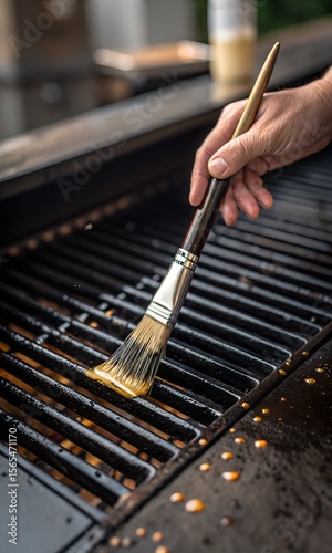 Grilling Time: A culinary enthusiast prepares a barbecue by brushing oil onto a clean grill, readying for a delicious feast, shot in a photorealistic way.