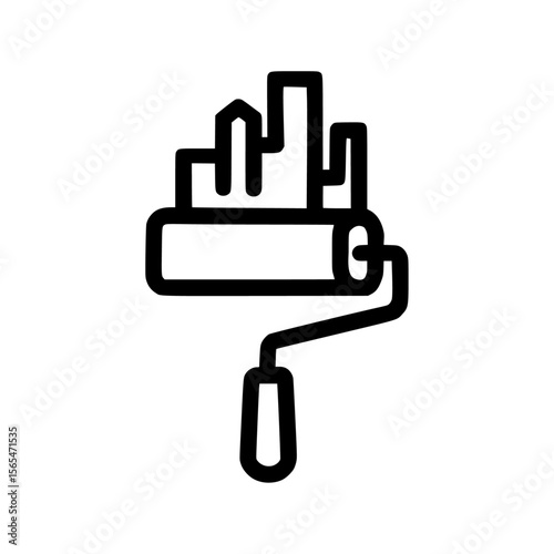 A paint roller with paint forming a city skyline icon