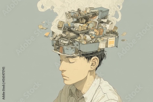 Creative depiction of a person with a cluttered mind full of thoughts and ideas
