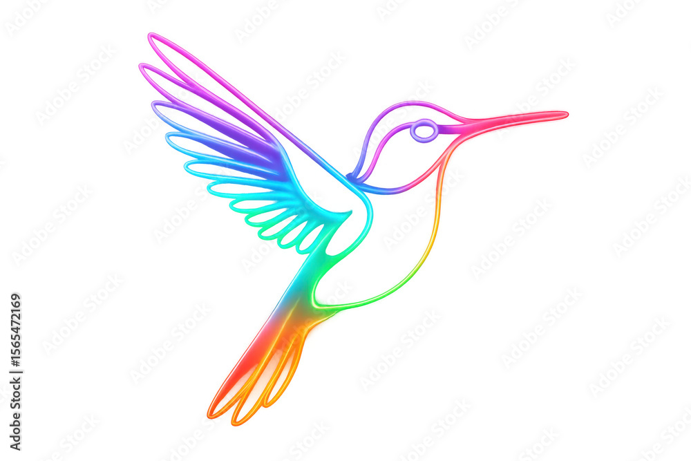 Obraz premium Vibrant rainbow hummingbird hovering, displaying iridescent plumage against transparent backdrop with sleek minimalist styling