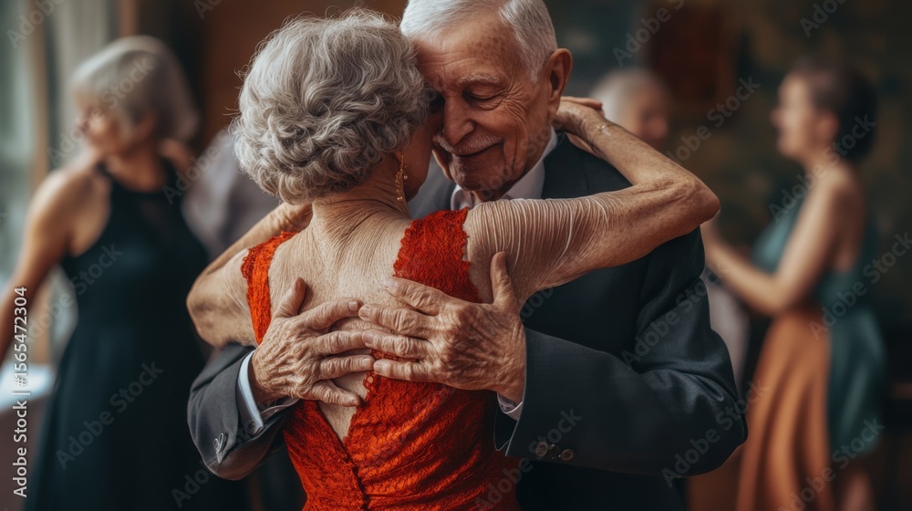 Fototapeta premium Elderly couples dancing traditional Argentine milonga at a nursing home, expressing joy, connection, and passion through movement in later life
