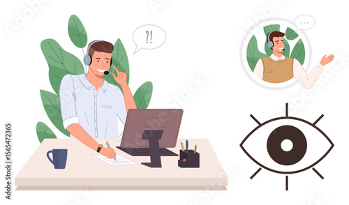Customer service representative wearing a headset at a desk, talking and observing interactions. Ideal for customer service, remote work, communication, support, observation, interaction, simple flat