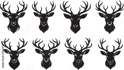 set of deer head silhouette, black and white silhouette, vector and illustration