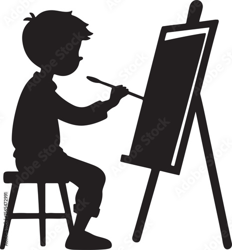 a child boy artist paints on a canvas silhouette, black and white silhouette, vector and illustration