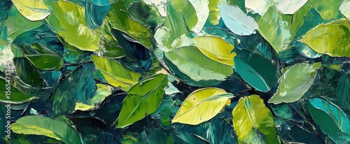 Experience the beauty of nature with this vibrant abstract artwork showcasing green leaves. The textured brushstrokes create a lush, organic composition full of life.