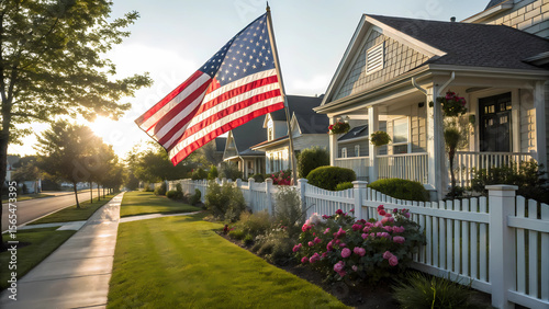 American flag waving in suburban neighborhood patriotic homes real estate usa independence day celebration