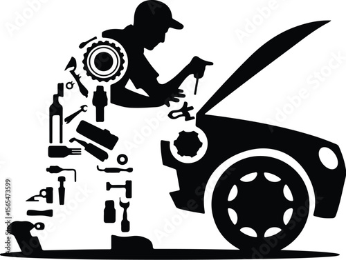 Car Repairman Silhouette Icons – Garage Work Vector Set Mechanic Fixing Car Silhouette Set – Auto Repair Icon Collection