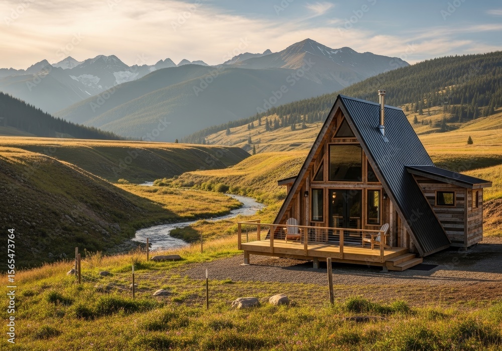 Obraz premium Mountain View A-Frame Cabin Retreat - Secluded A-frame cabin nestled in a scenic mountain valley, symbolizing tranquility, adventure, nature, escape, and renewal