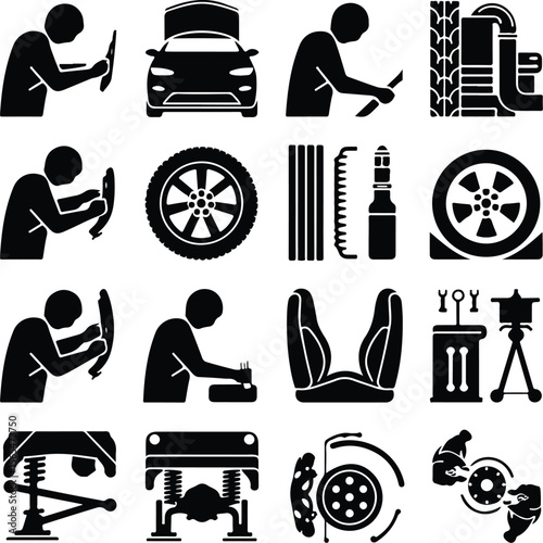 Car Repairman Silhouette Icons – Garage Work Vector Set Mechanic Fixing Car Silhouette Set – Auto Repair Icon Collection