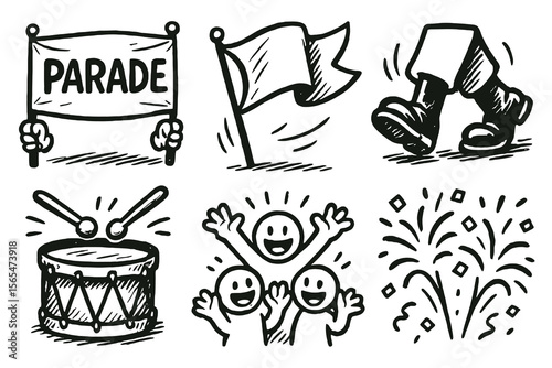 6 black and white parade icons. Cartoon vector for Veterans Day celebration.