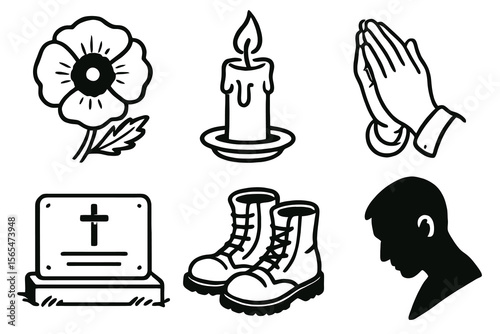6 black and white remembrance icons. Cartoon vector for Veterans Day.