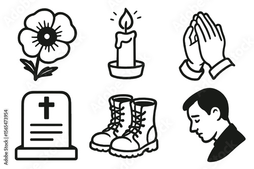 Cartoon icons in black and white for honoring fallen. Minimal vector design.