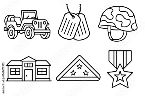 6 black and white military icons. Cartoon vector for Veterans Day themes.