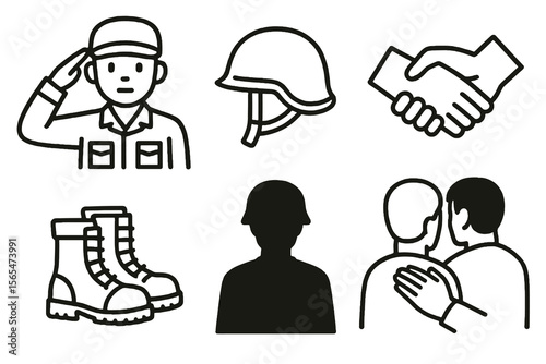 Cartoon icons in black and white for military service. Minimal, clear design.