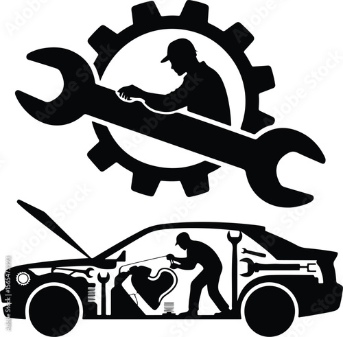 Car Repairman Silhouette Icons – Garage Work Vector Set Mechanic Fixing Car Silhouette Set – Auto Repair Icon Collection